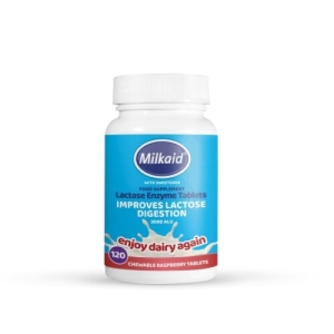 MILKAID Lactase enzyme supplement 120 žuvacích tabliet s malinovou príchuťou